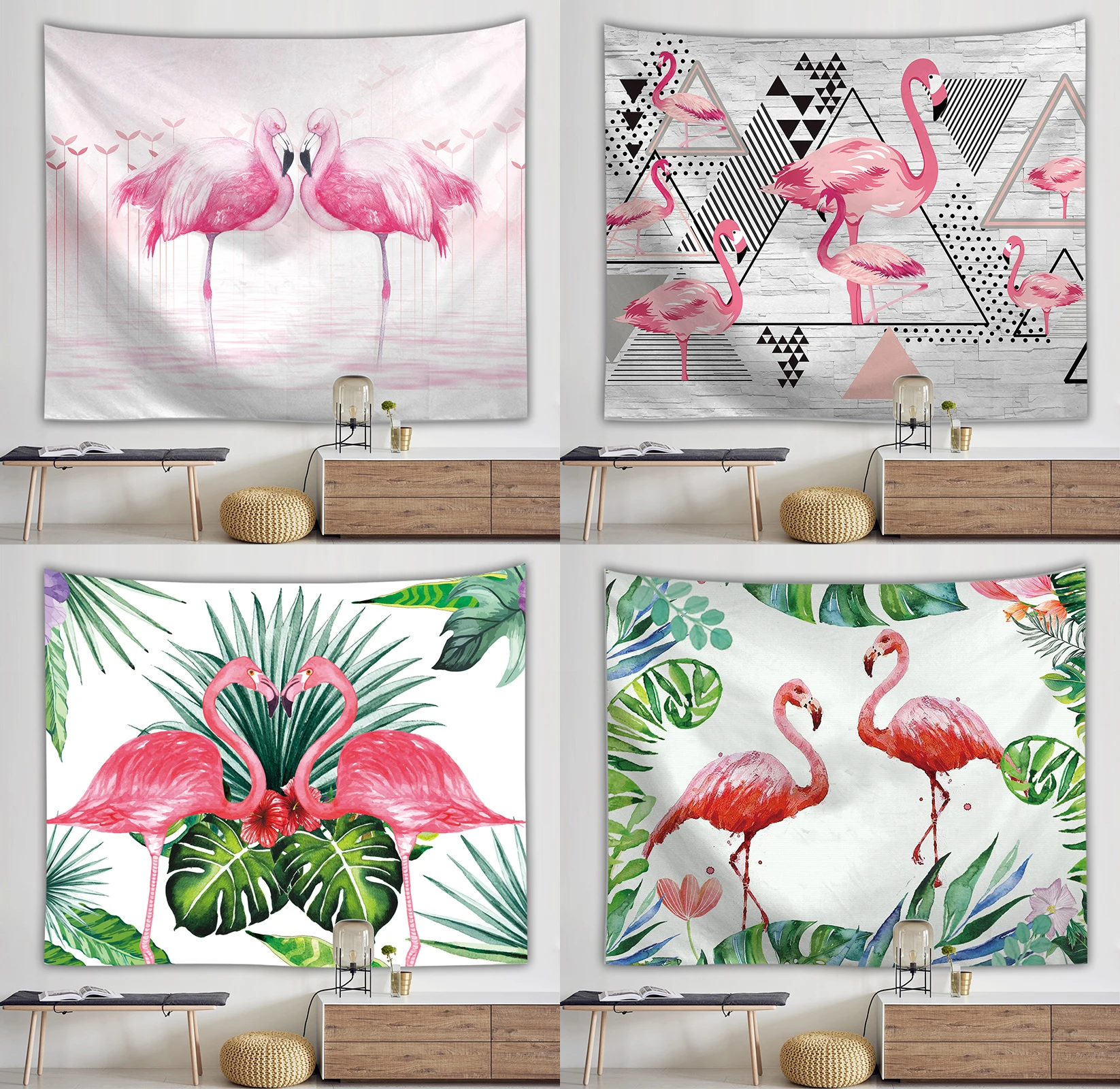 Настенный гобелен с рисунком фламинго тропические растения психоделические
