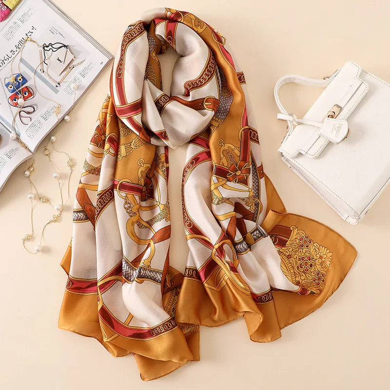 Classic chain women silk scarf female scarves ladies fashion beach wrap chiffon shawl Printed sunscreen bandanna foulard muffler