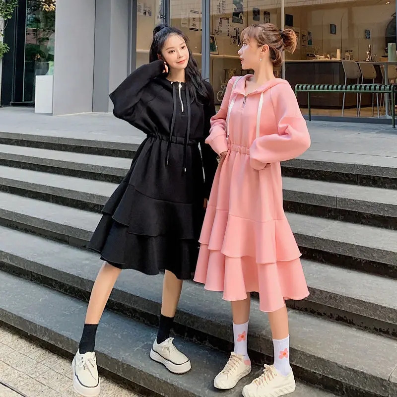 Vintage Long Sleeve Solid Zipper A-Line 2020 New Fashion Thickening Midi Skater Hem Loose Autumn Dress School Warm Hat Women | Женская