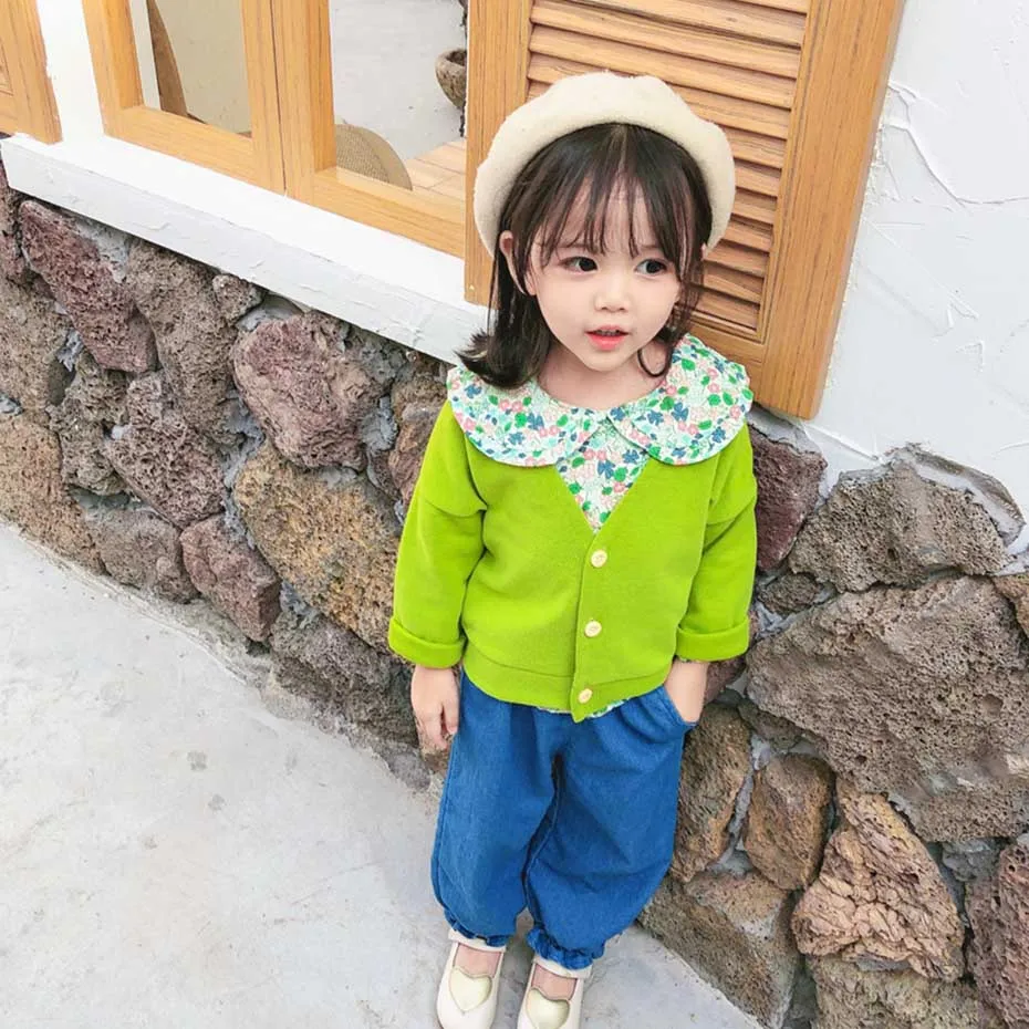 Весенняя одежда для девочек блузка с цветочным рисунком + кардиган джинсы костюм