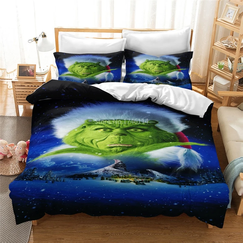 

3D Cartoon Film Grinch King Size Bedding Set Green Monster Dog Animal Printed Duvet Cover Pillowcases Set Bed Linens Bedclothes