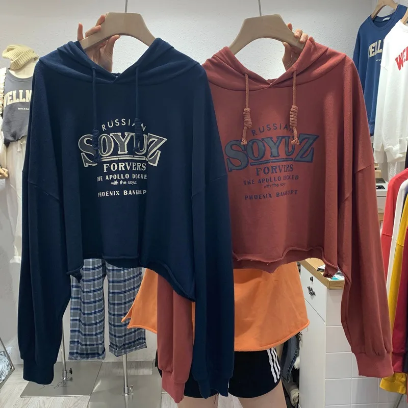 

Женский укороченный топ, толстовка с капюшоном в стиле Харадзюку, одежда с буквенным принтом на весну, осень и зиму, Женская Толстовка в стил...