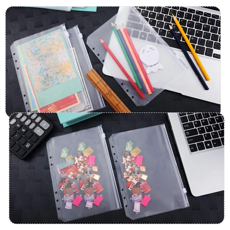 

20Pcs A5 Size 6 Holes Binder Pockets Translucent Plastic Binder Zipper Folders Waterproof Zipper Loose Leaf Bags