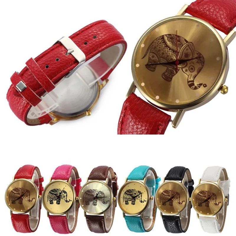 Модные милые женские часы с золотым Рисунком Слона кожаный ремешок кварцевые
