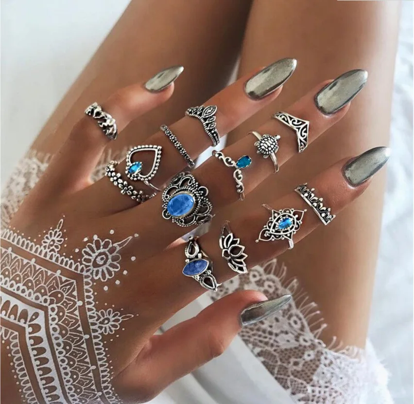 

13 Pcs/set Bohemia Antique Silver Color Heart Lotus Flower Carved Rings Sets Blue Zircon Knuckle Rings for Women Jewelry