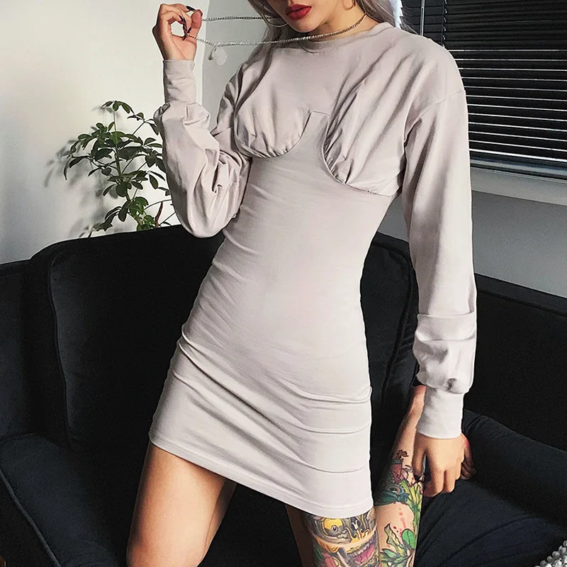 

Autumn Dress Sexy Bra Round Neck Temperament Commuter Long Sleeve Retro Hip Slim Dress Pleated Bubble Sleeve Skirt Gothic Dress