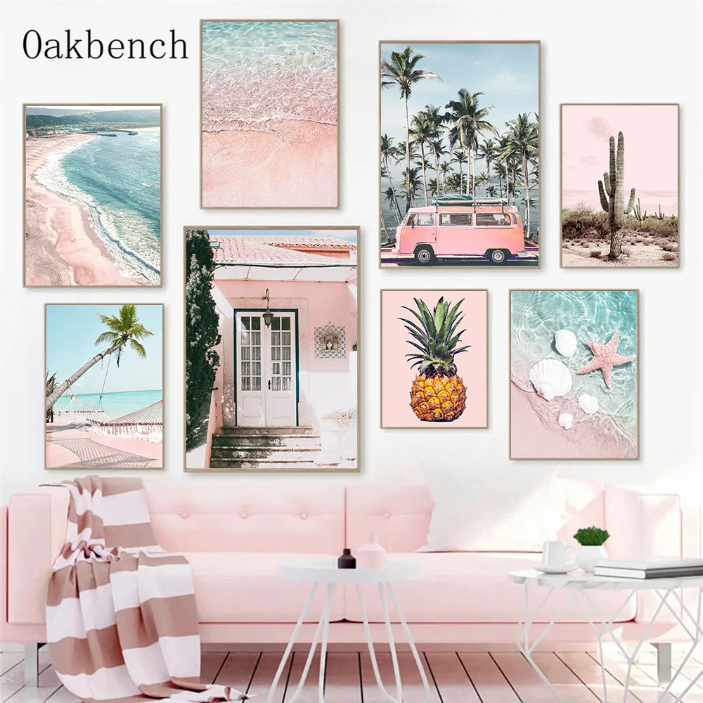 

Scandinavian Poster Pink Beach Landscape Painting Pineapple Canvas Prints Palm Tree Cactus Wall Art Posters Living Room Decor