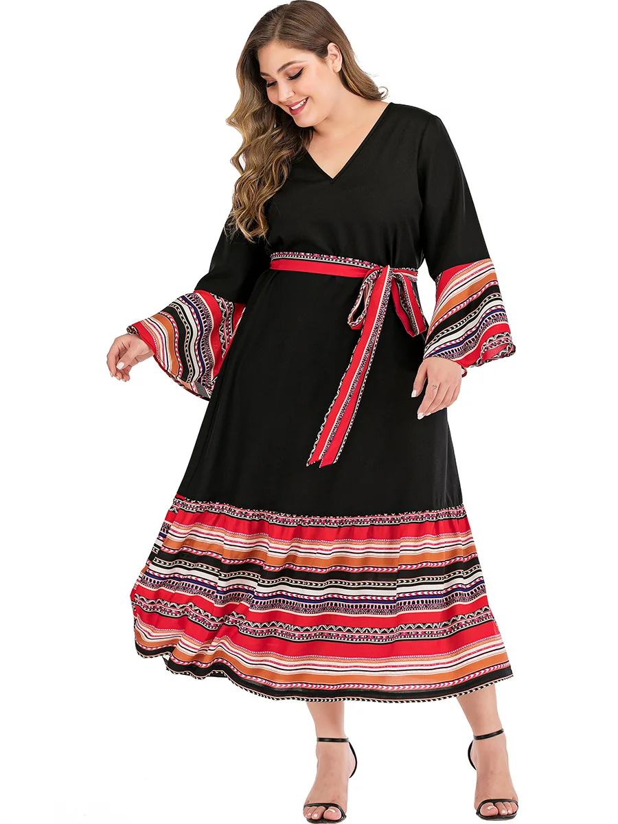Vintage Dress Contrasting Plus Size Stitching V Neck Long Sleeve Calf Length Oversize Black Tie Casual Dress For Elegant Party