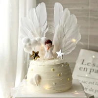 1pc cute angel wing feather cake topper for baby shower kids birthday party decoration supplies wedding dessert cake decor tools