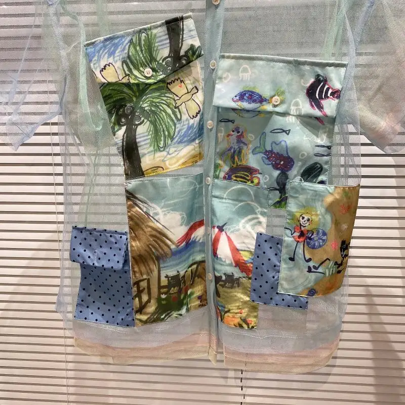 

2021 Summer New Oil Painting Patch Pocket Decorative Shirt Ladies Transparent Mesh Short Sleeve Sun Protectied Shirt for Women