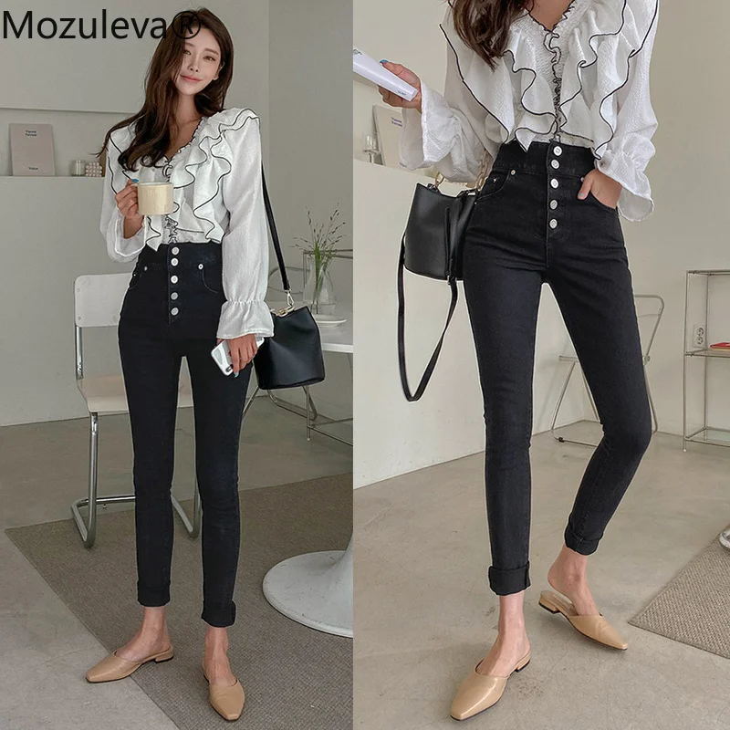 Осенние винтажные однобортные женские джинсовые брюки-Капри из денима с высокой