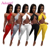 adogirl women solid sexy two piece set cross halter backless crop top lace up hollow out pencil pants tracksuit home outfits