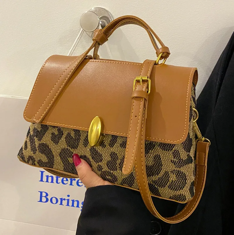 

Leopard Vintage Small Shoulder Bag Pu Leather Stitching Canvas Crossbody Bag 2021 Winter Fashion Travel Handbags And Purses Tote