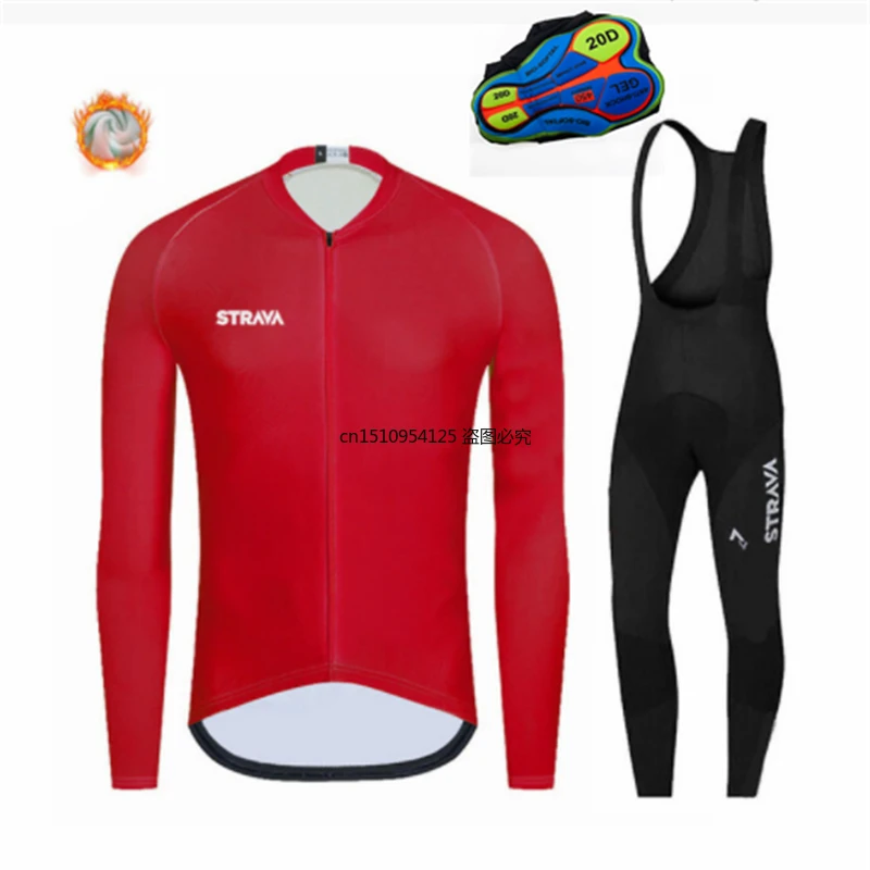 

STRAVA Fleece Cycling Jersey Mtb Long Sleeve Bike Wear Clothing Set Bib Pants Bicycle Clothing MTB Bike Men Clothe For Men