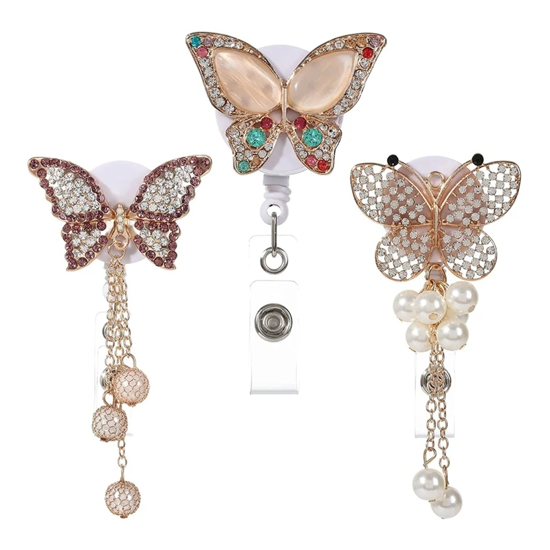 

3 Pieces Butterfly Badge Reels Retractable Rhinestone Name Tag Badge Holders with 360 Degree Swivel Alligator Clip