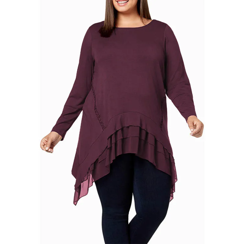 Женские рубашки большого размера с оборками асимметричный подол Круглый Вырез