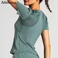 Женский спортивный топ Aiithuug, женская рубашка для тренировок, быстросохнущие рубашки для фитнеса и йоги, сетчатый топ с коротким рукавом, Майки для тренировок, Спортивная рубашка - фото