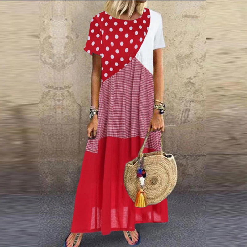 

Plus Size Vintage O Neck Polka Dot Dress Women Stitching Stripe Plaid Short Sleeve Long Dress Loose Casual Beach For Summer 3XL