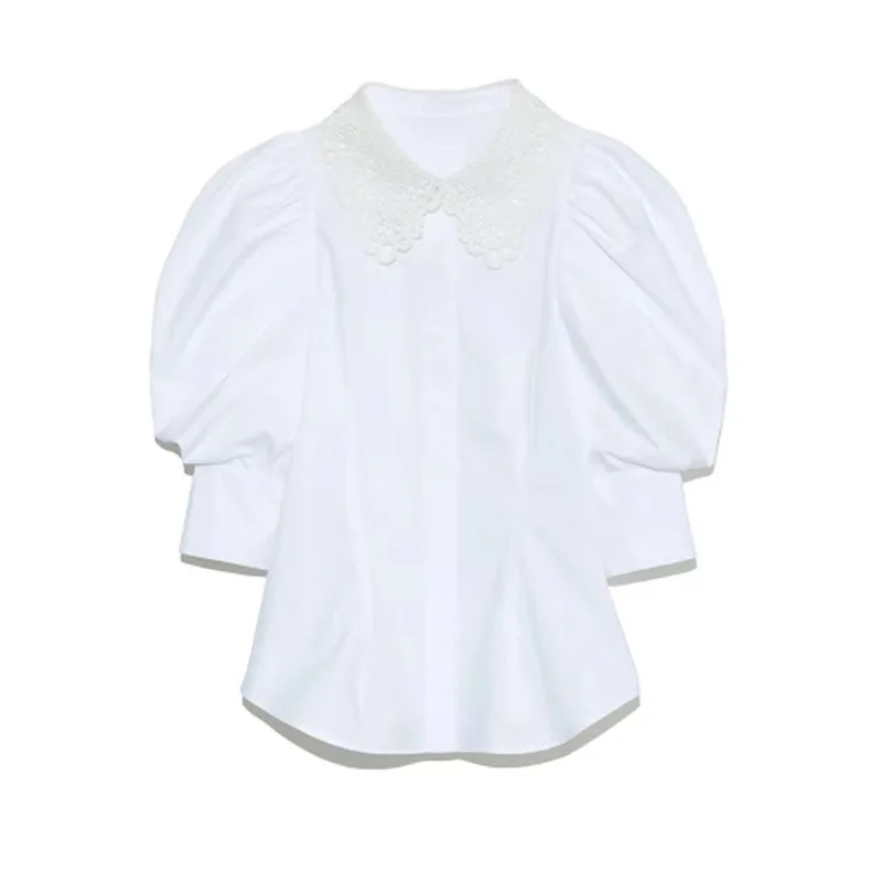 

2021 spring and summer new products women's sweet age-reducing lace doll collar puff sleeve simple solid color shirt