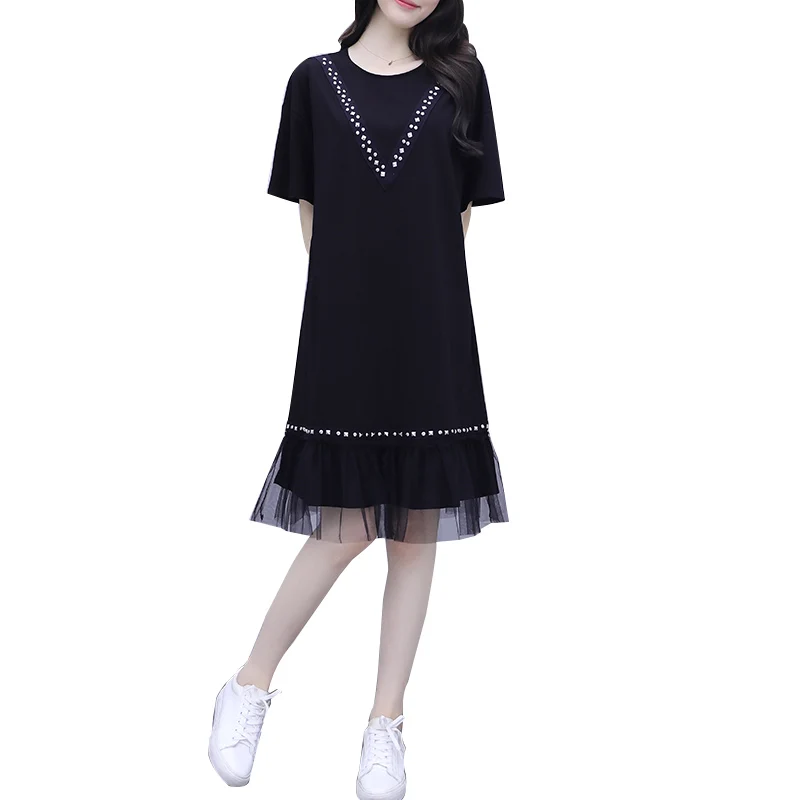 

Oneimirry New Summer Women Mesh Stitching Dress Plus Size Short Sleeve Black Rivet Fashion Long Dresses Female Casual Clothes