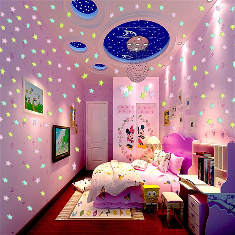 

100 pcs. 3D Kids Bedroom Fluorescent Glow In The Dark Stars Glow Wall Stickers luminous glow sticker color Home Decoration