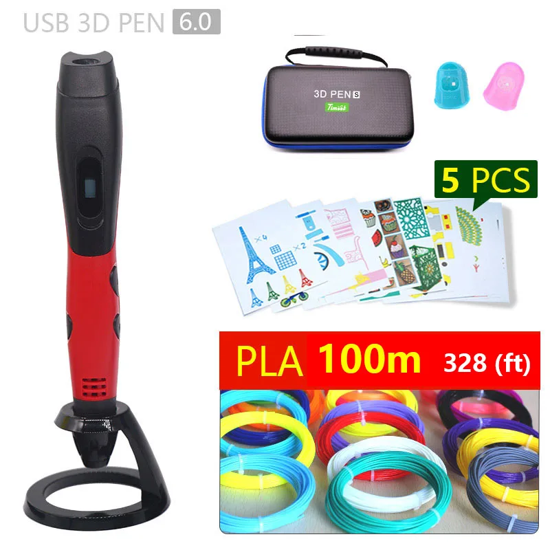 Аутентичные 3D Ручка 3d печати pen-3d 1,75 мм pla Синтетическая нить Рождественские подарки+ Бесплатные покраска рисунки+ 5 v 2A usb адаптер - Цвет: Red pen PLA100m