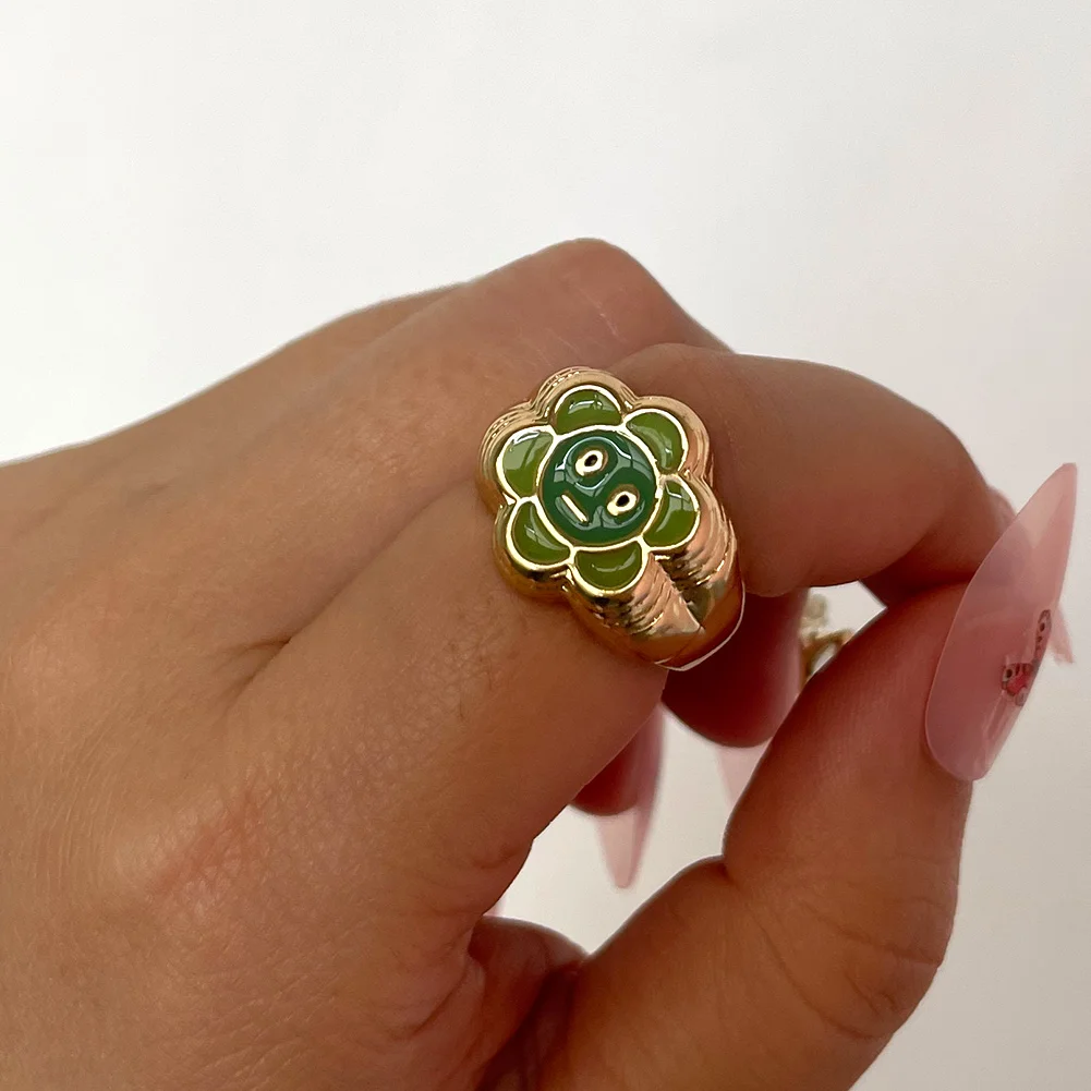 

Korean Cute Green Croissants Geometric Open Rings for Women Punk Link Chain Smiley Face Enamel Ring Y2K Jewelry Aesthetic Gifts