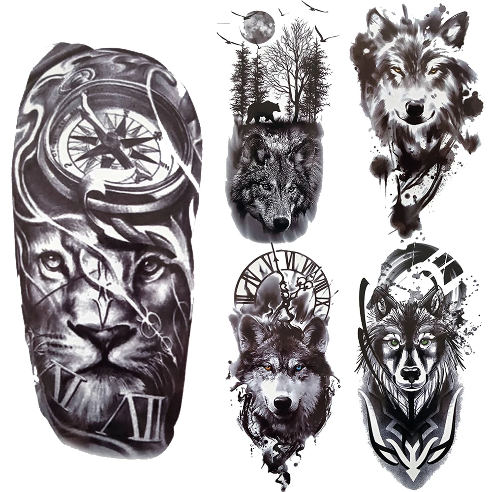 

Realistic Tiger Fake Temporary Tattoo For Men Women Large Black Compass Tattoos Sticker Legs Spray Forest Wolf Clock Tatoo Sheet