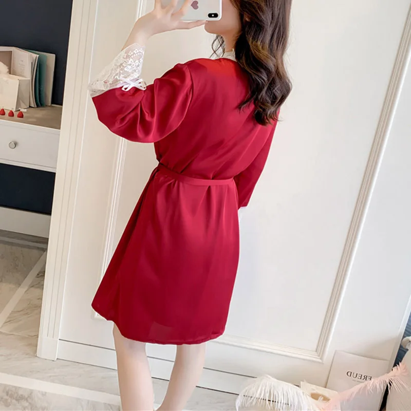 Красный женский шелковый халат невесты халаты для комплект с кружевной отделкой