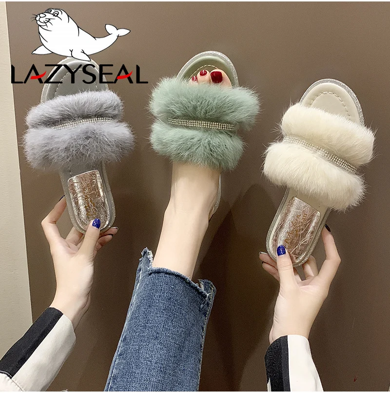 LazySeal/шикарная обувь; женские тапочки на натуральном меху; теплые пушистые тапочки на плоской подошве; женские сандалии со стразами; женские шлепанцы; вьетнамки
