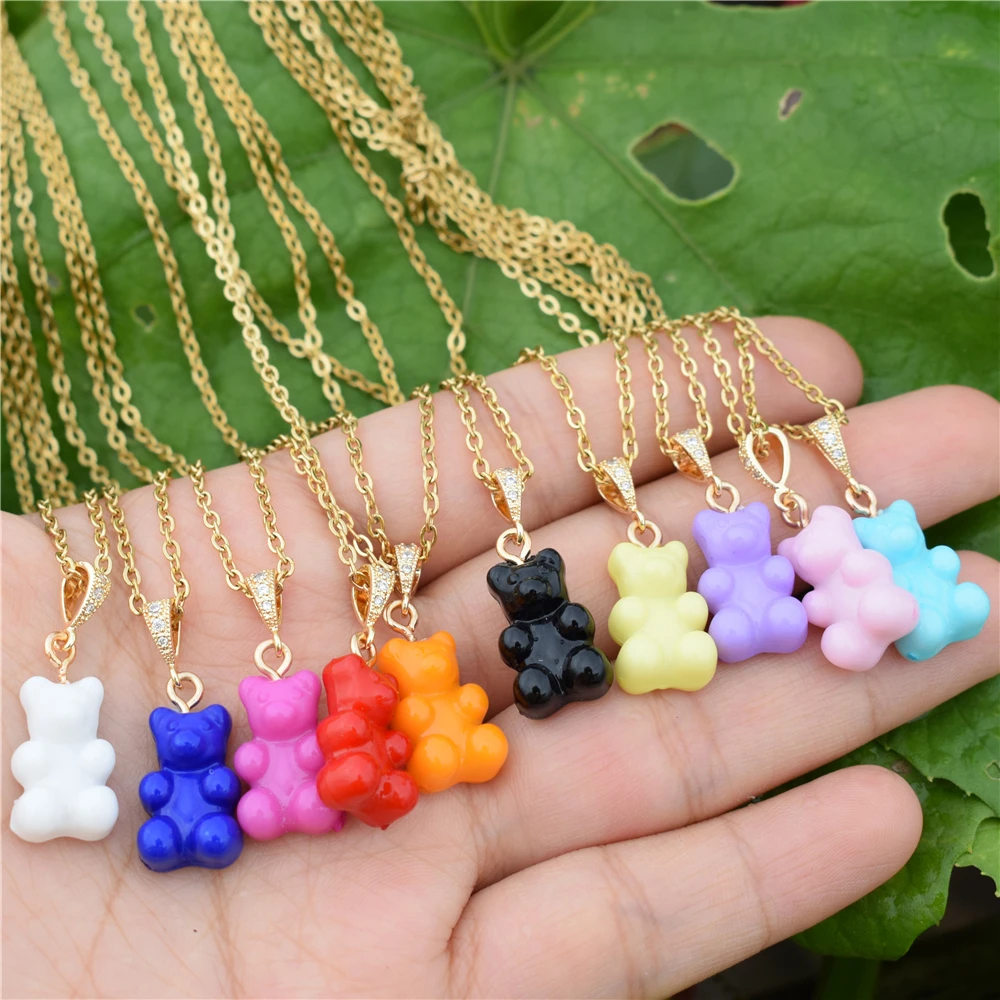 

New Colorful Resin Bear Pearl Zircon Pendant Chain Necklace 2021 for Women Girls Party Jewelry Babygirl Gifts
