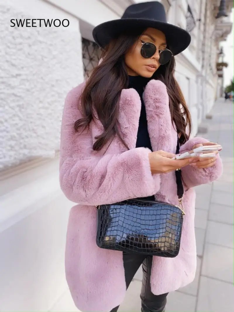 2021 New Women Winter Warm Faux Fur Coat Thick Women Middle -Long Overcoat Turn Down Collar Women Warm Female Casaco Feminino