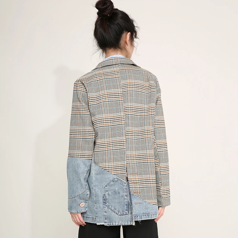 

[EAM] Women Blue Plaid Denim Big Size Blazer New Lapel Long Sleeve Loose Fit Jacket Fashion Tide Spring Autumn 2021 1DD6410