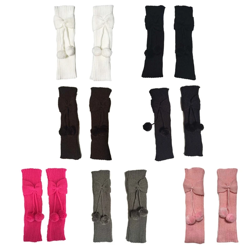 

03KD Solid Color Autumn Winter Knee High Children Bowknot Leg Warmers with Ball Socks