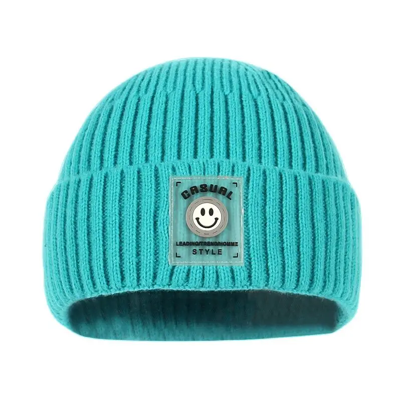 

Winter Hat Women's Solid Color Leather Label Smiley Face Hat Korean Version Cute Warm Knitted Hat Men Women