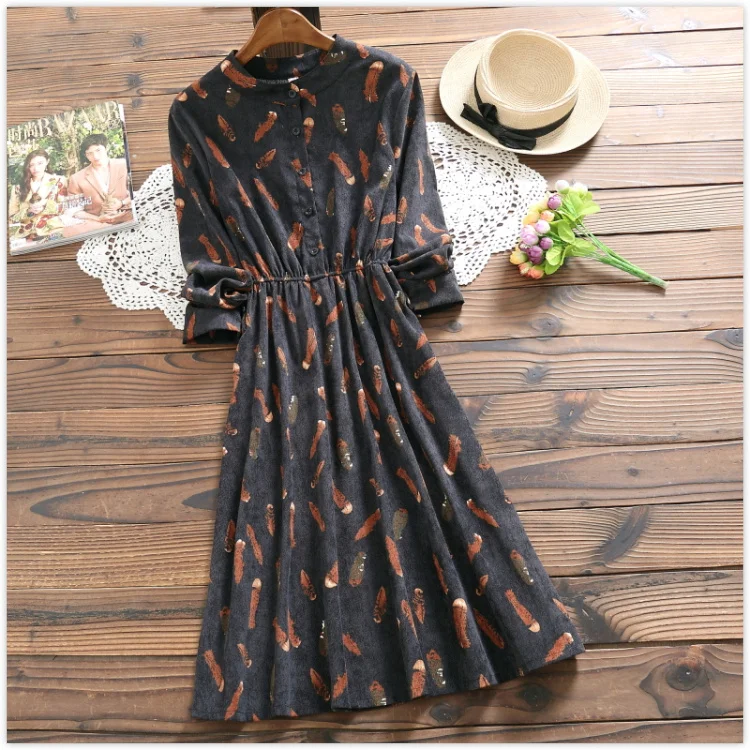 

New Mori Girl Autumn Spring Women Midi Dress Stand Collar Floral Printed Vintage Dress Elegant Long-Sleeved Chic Corduory Dress