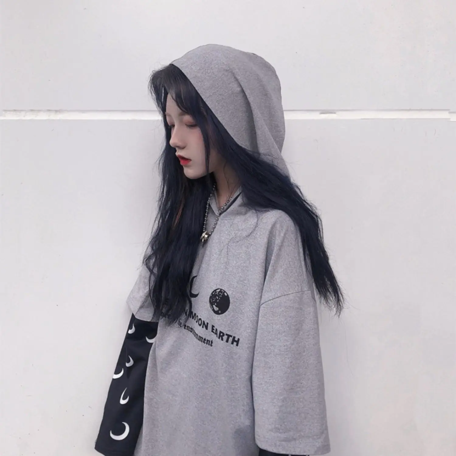 Harajuku уличная Винтажная Футболка для женщин, одежда, осень, корейский Ulzzang, с принтом, с капюшоном, Футболки женские, полный поддельные два топа
