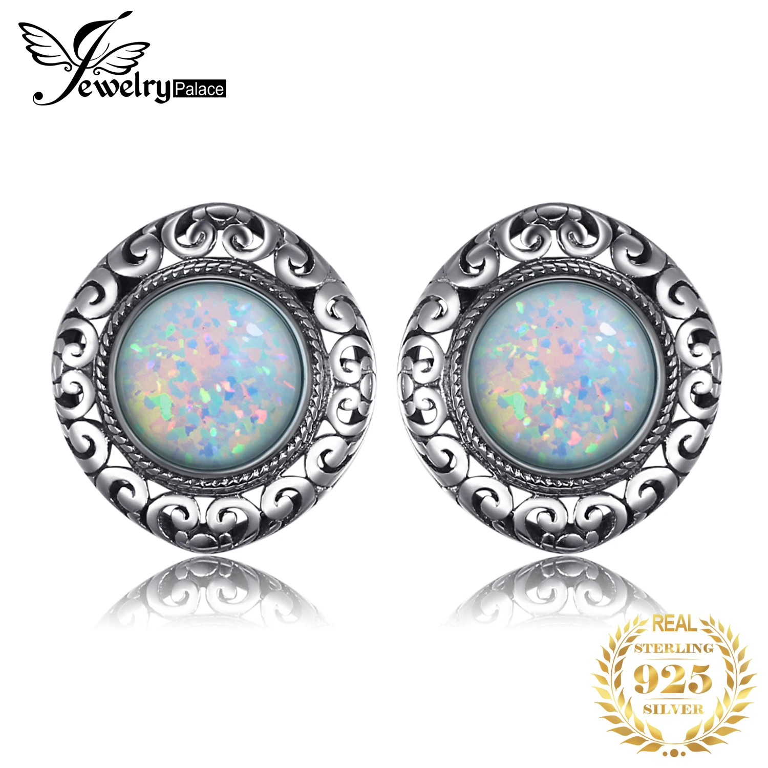 

JewelryPalace Vintage 2.5ct Round Cabochon Created Opal Carving Heart Stud Earrings 925 Sterling Silver Earrings Women Jewelry