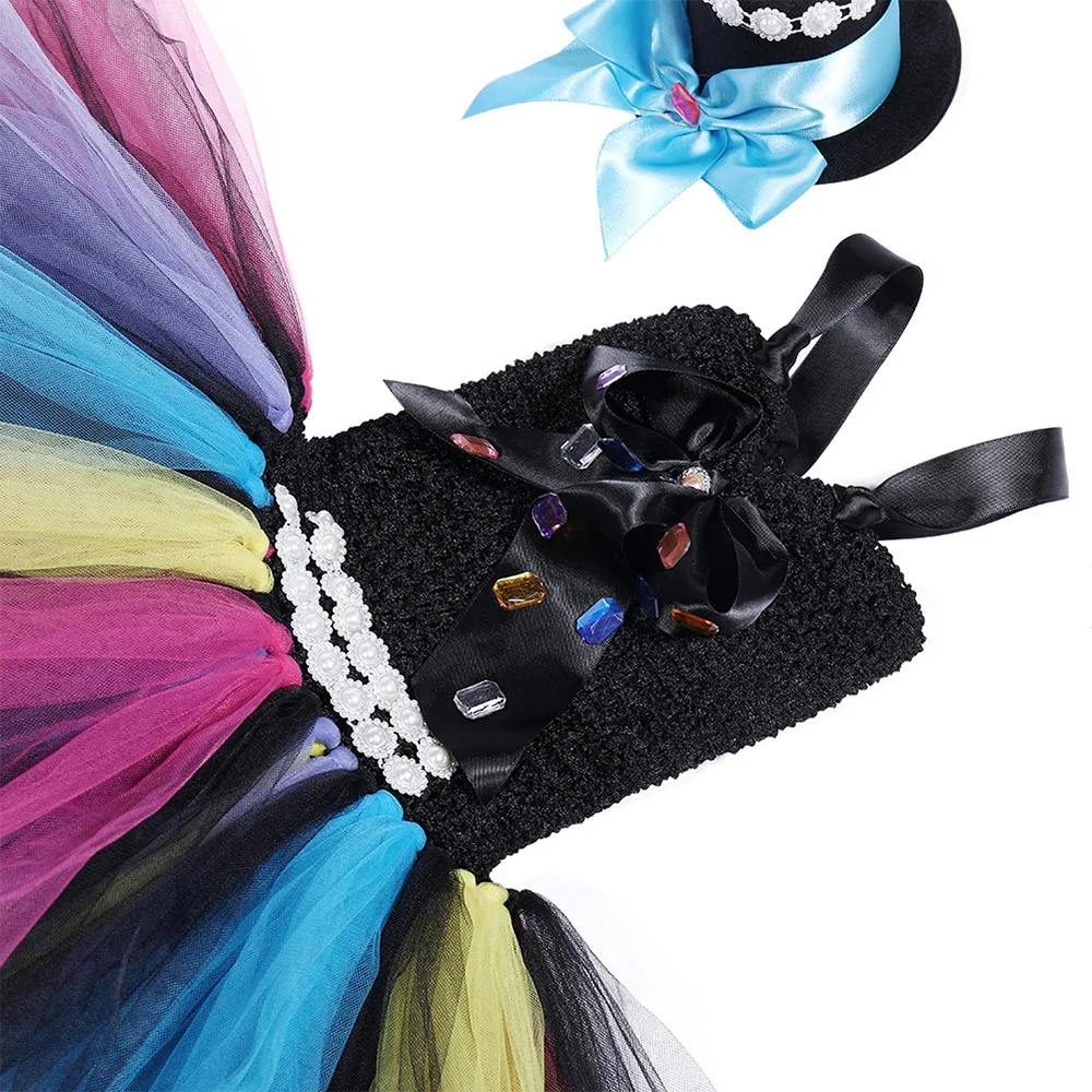 

Girls Alice in Wonderland Halloween Mad Hatter Costume for Kids Twinkle Beading Bow Christmas Clothes Party Tutu Dress with Hat