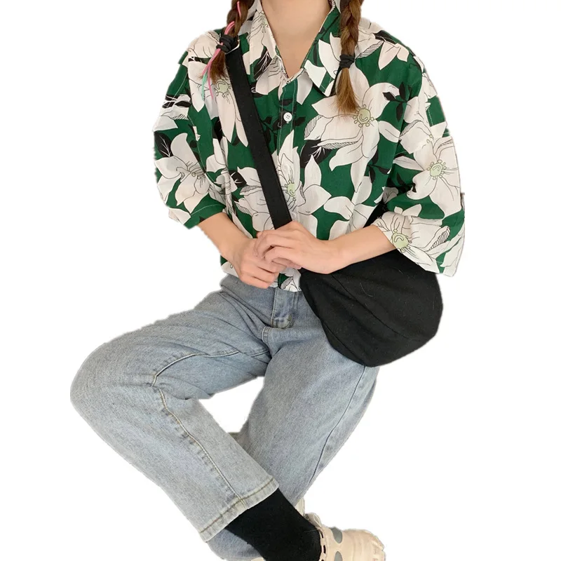 

Hong Kong Style Printed Shirt 2020 Summer Vacation Fashion Half-sleeve Casual Floral Turn- Down Collar Hipster Women 's Harajuku