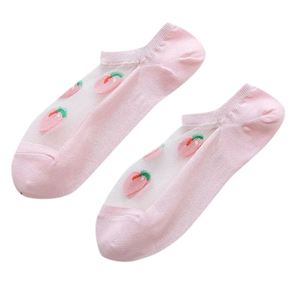 Pink Женские повседневные летние модные Прозрачные шелковые короткие носки с фруктовым принтом L0819 - Цвет: Pink
