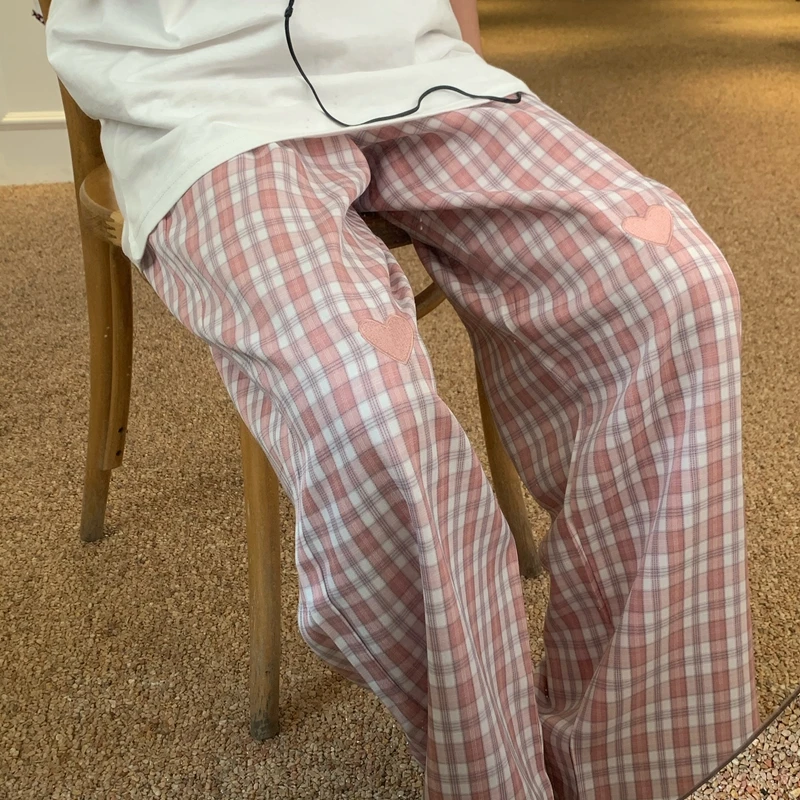 

Women's Japanese Pink Love embroidery casual sports pants straight Plaid Wide leg pants Female student Korean Fashion Trousers