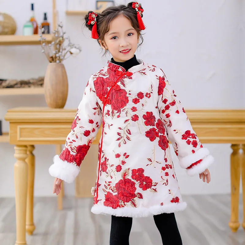 Детское пальто Cheongsam в китайском стиле с пионами; костюм Tang; детское осенне-зимнее платье с длинными рукавами; плотные платья для девочек; одежда на год - Цвет: peony