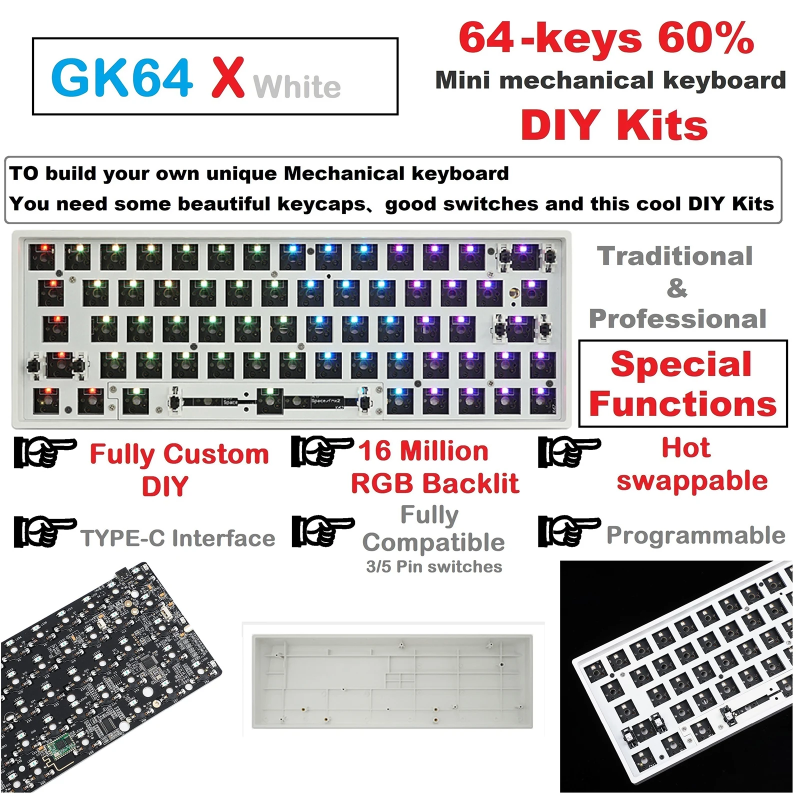 

GK64X RGB Backlight Hot Swap Custom DIY Kit for 60% Keyboard