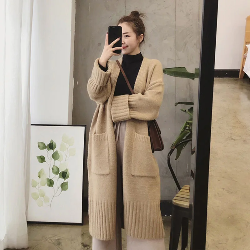 

2021 Autumn Winter New Korean Women's Lazy Wind Loose Thick Mid-Length Elegant Knitted Cardigans Sweater Jacket Female s1017