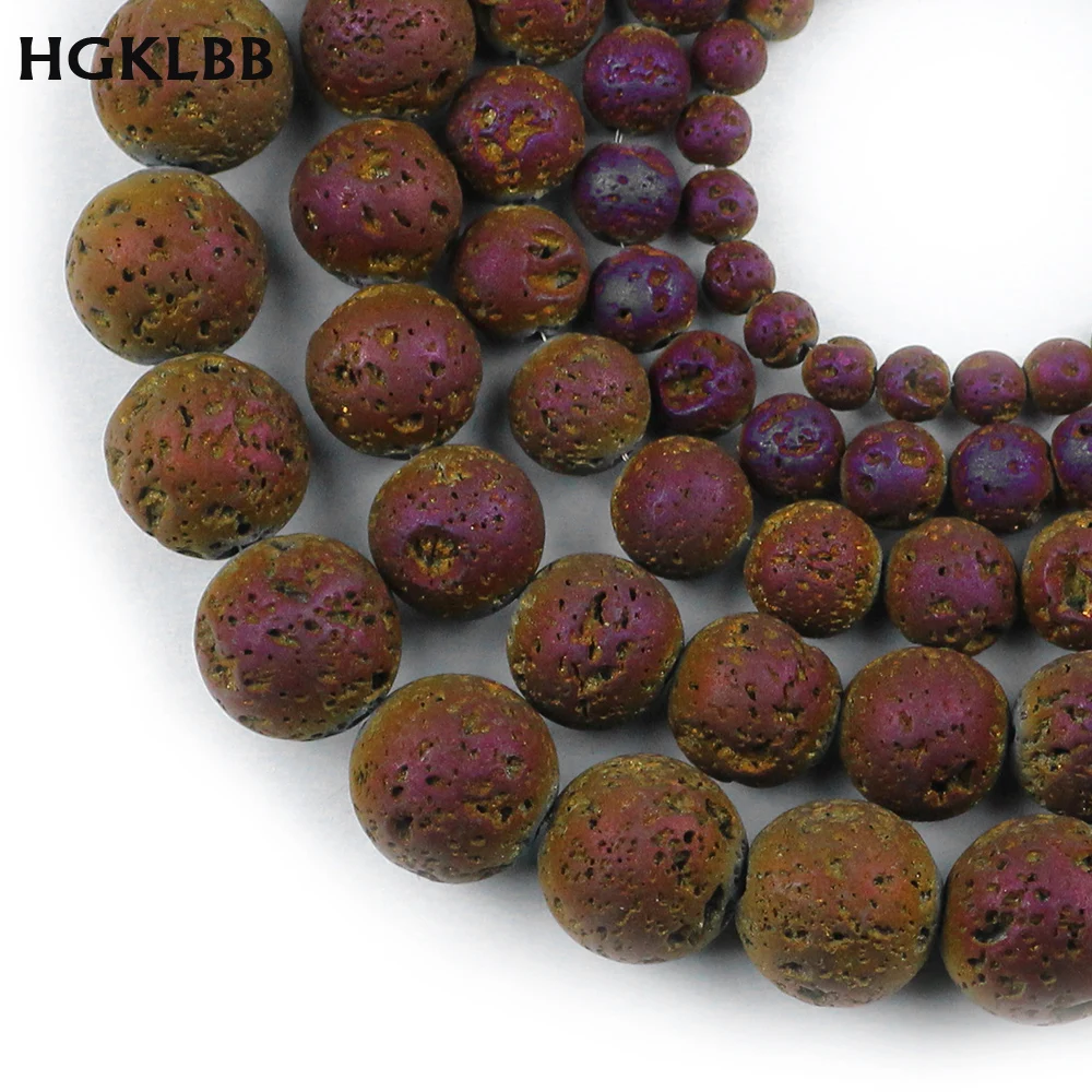 

HGKLBB Natural Purple Plating Lava Stone 4/6/8/10/12mm Volcanic Round Loose Beads for Jewelry Making DIY Bracelet Accessories