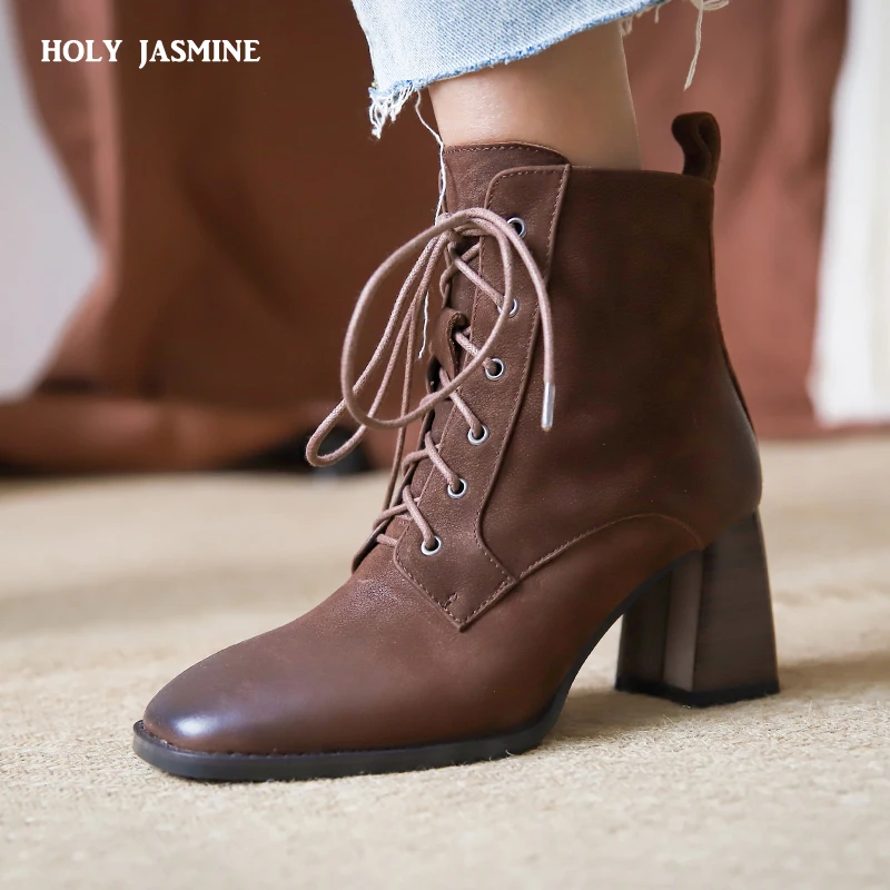 

Женские ботильоны из натуральной кожи, с квадратным носком, на высоком каблуке