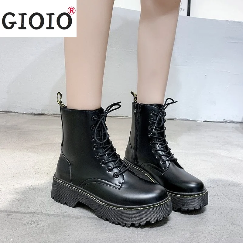 

Fashion Martin Boots 2021 Women's Ankle Boots Chunky Motorcycle Round Toe Winter Lace-up Combat Boots Ladies Shoes for Women