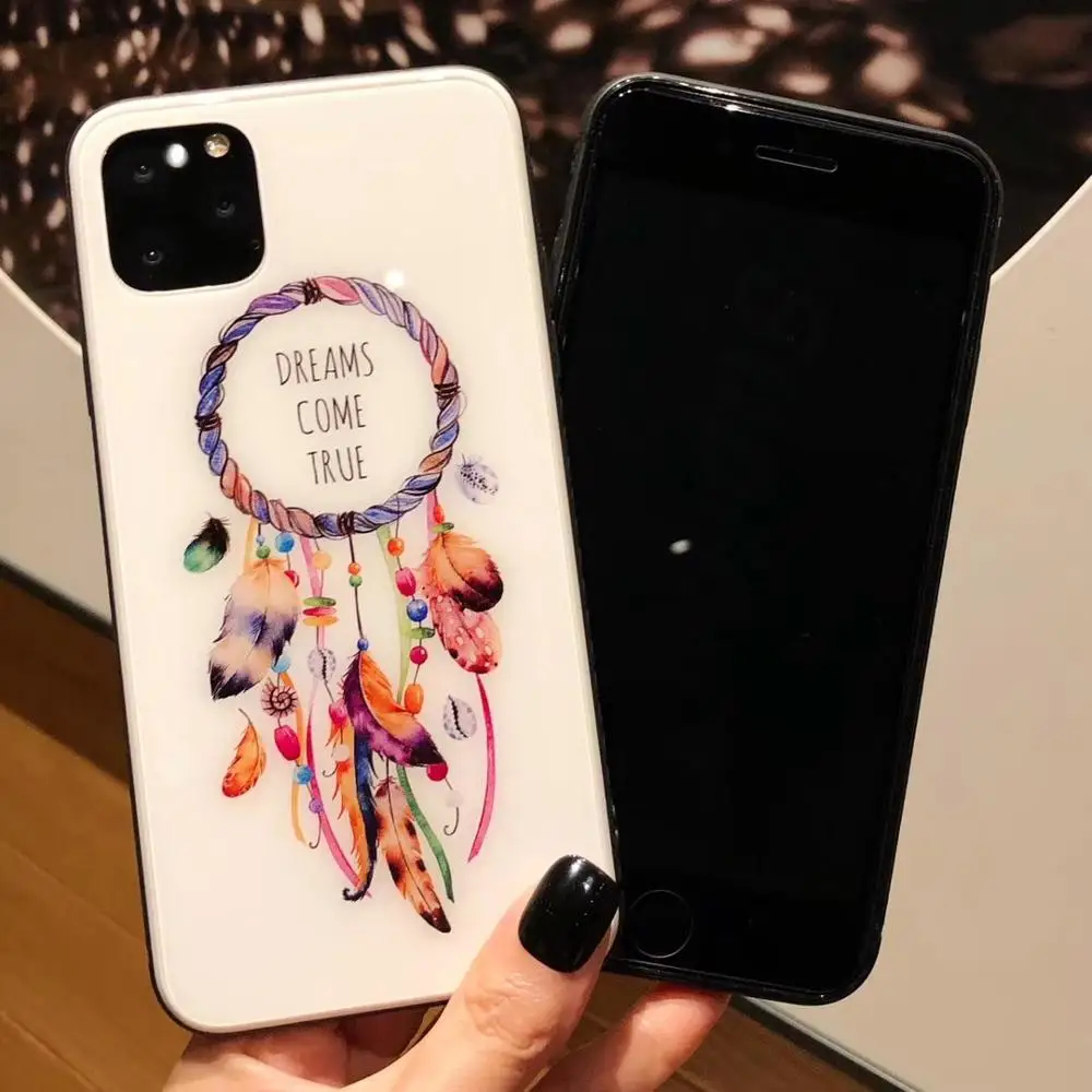 Роскошный красочный чехол из закаленного стекла для телефона для iphone 7 8 6 6s Plus XS Max XR X Ловец снов перо Глянцевая стеклянная крышка для телефона F