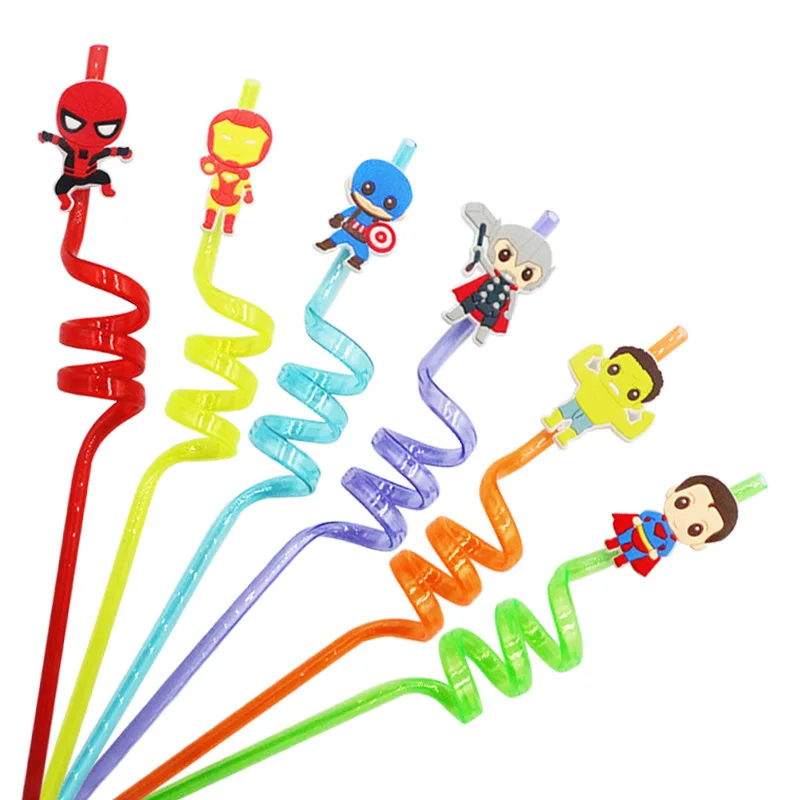 6-pieces-de-pailles-reutilisables-personnages-d'anime-marvel-spiderman-thor-decoration-de-fete-d'halloween-de-noel-cadeaux-de-vacances-fournitures-de-fete
